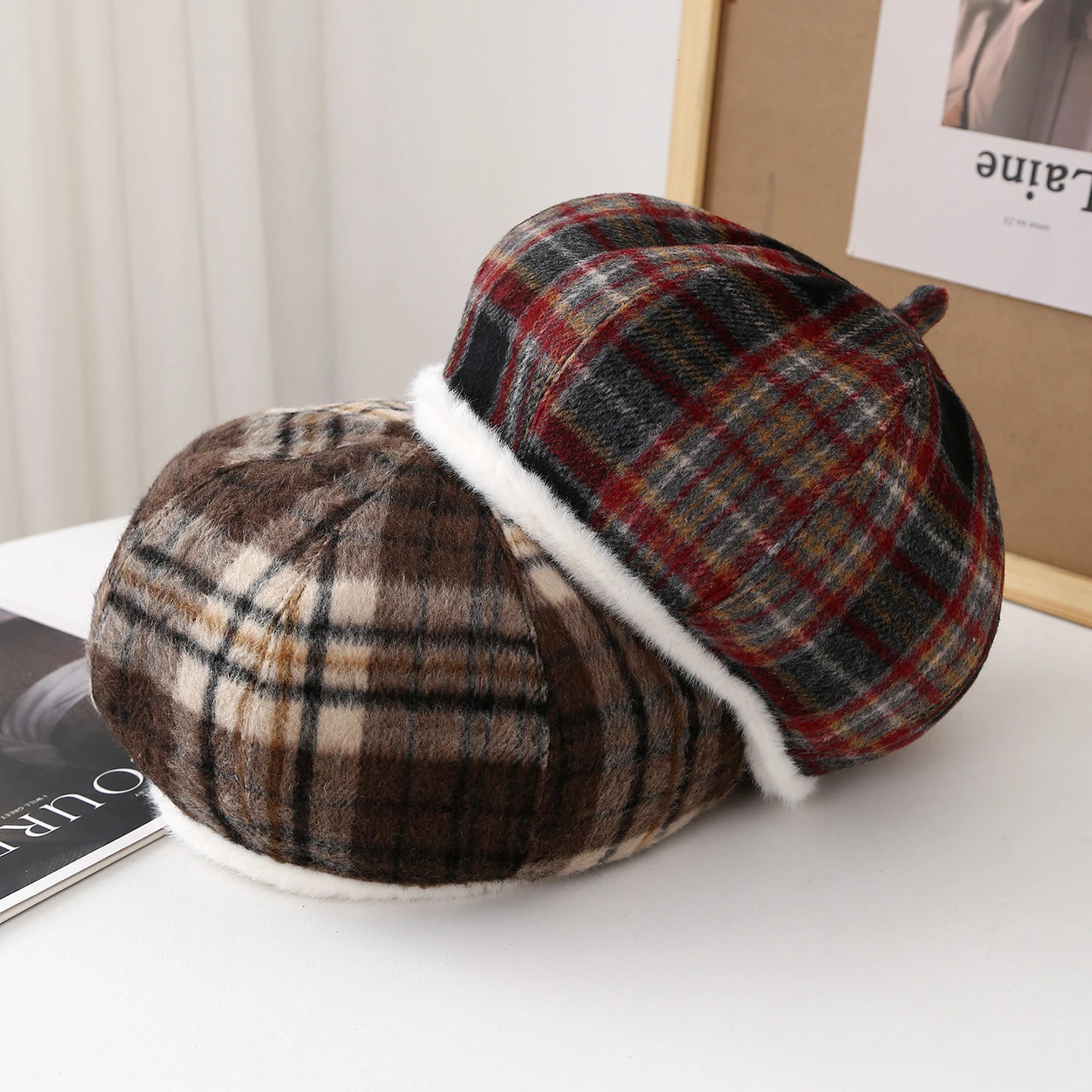 Plaid Beret with White Trim for Women Warm Winter Hat Soft Blend Beanie Vintage Scottish Style Cap Perfect for Winter Outfits 251023