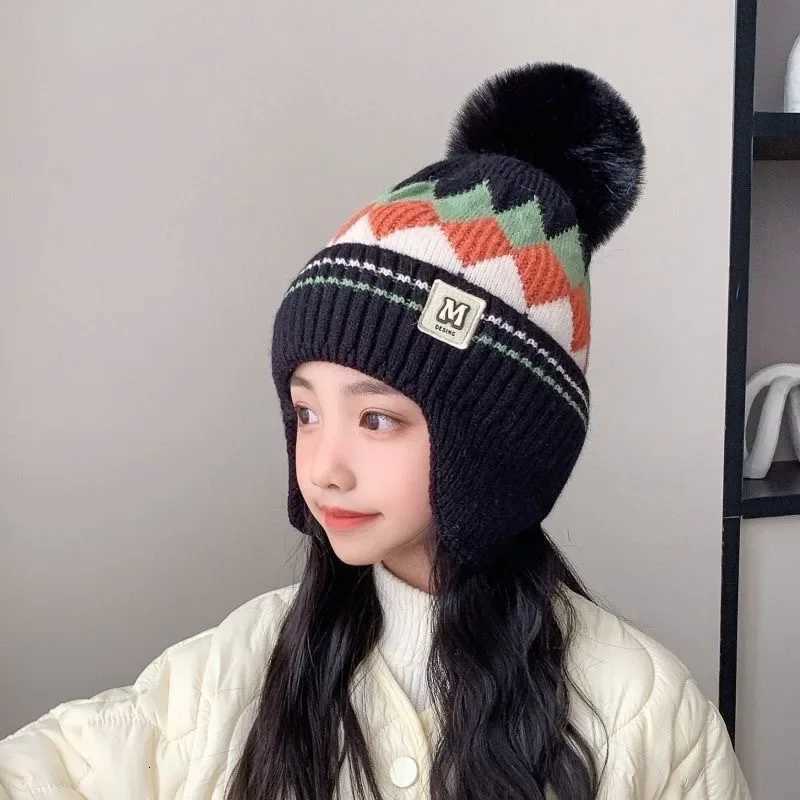 New Kids Knitted Hat Warm Winter Hat with Plush Pom Earmuffs Childrens Windproof and ColdProof Beanie Childrens GiftL251024