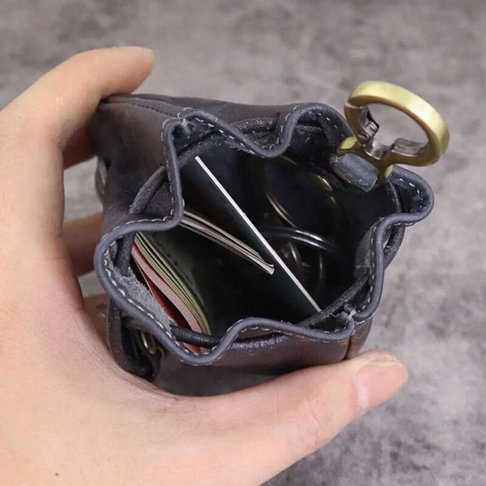 Solid Color Retro Genuine Leather Coin Purse Pouch Drawstring Wallets Car Key Bag Men Women Simple Hanging Bag Waist Purse Z251023