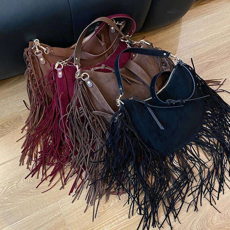 PU Tassel Solid Color Shoulder Zipper Large Capacity Bags On Sale 2025 Fashion Versatile Ethnic Women's Handbags