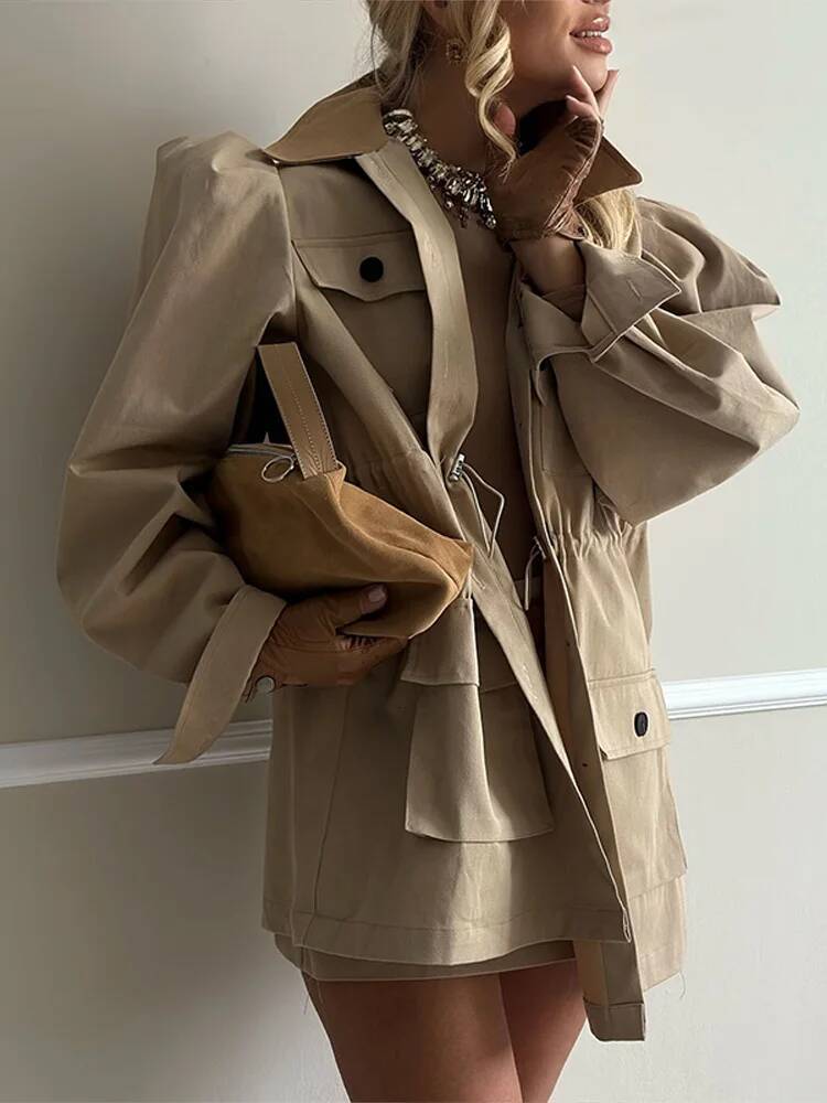 Stand Collar Multi Pockets Drawstring Waist Cinching Office Women Button Long Sleeve Casual Loose Coat Autumn Lady Leisure Coats dongdumaoyi