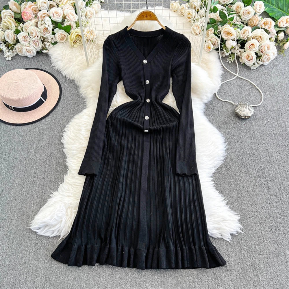 YuooMuoo 2025 Autumn Winter Women Knitted Long Dress Fashion Vneck Slim Waist Pleated Sweater Dress Lady Office Vestidos 251023