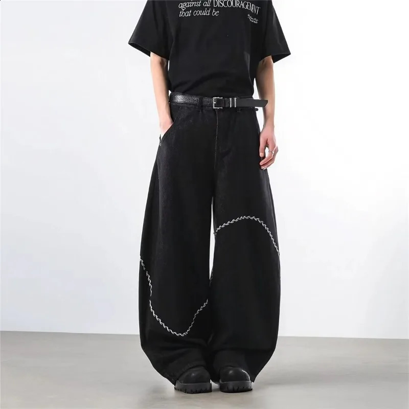 Mens Autumn Winter Korean Jeans Flared Slimming Black Embroidered Solid Denim Wide Leg Trendy n Pant Versatile 251018