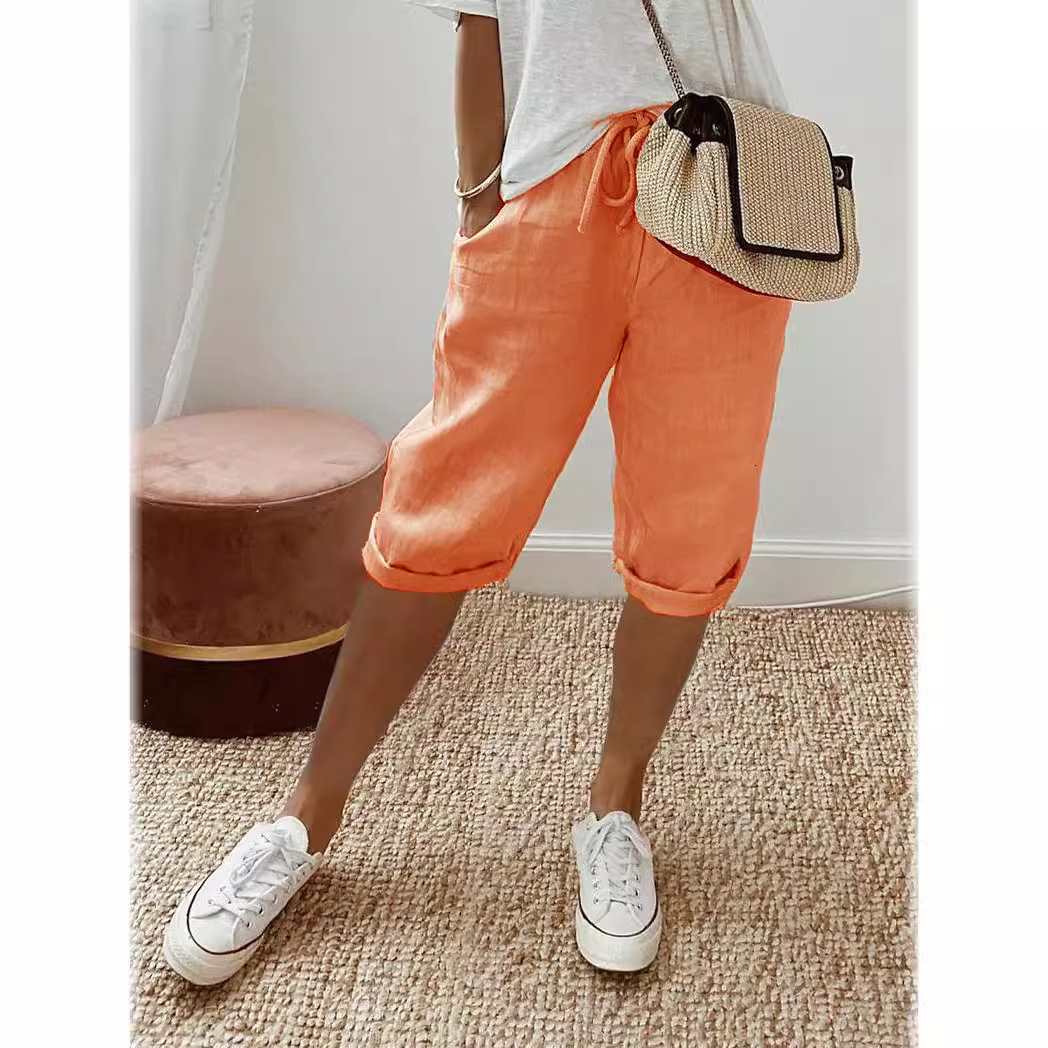 2025 Cotton Linen Pocket Elastic Casual Women's Shorts Five-Point Pants