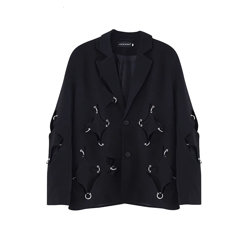 Metal Rivet Ring Decorate Hollow Out Hip Hop Punk Blazers Techwear Style Irregular Casual Suit Jacket For Men 251023