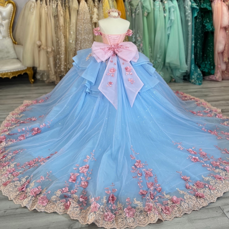 Sky Blue Shiny Quinceanera Dresses Ball Gown Off The Shoulder Applique Flower Beading Crystal Bow Tull Party Birthday Sweet 16 Dress Vestidos 15 De An
