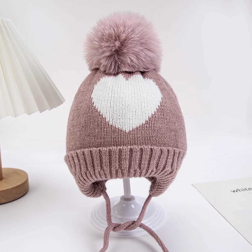 Cute Pompom Baby Turban Hats Heart Knitted Caps Boys Girls Beanies 03T Autumn Winter Kids Headwraps Bonnets Hair AccessoriesL251024