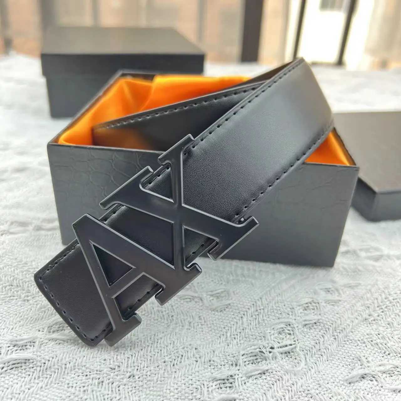 2025 New Crossborder Mens Belt Letter AX Buckle Waistband 38cm Fashionable Plain Weave Lychee Pattern Simple Versatile Belt W251024