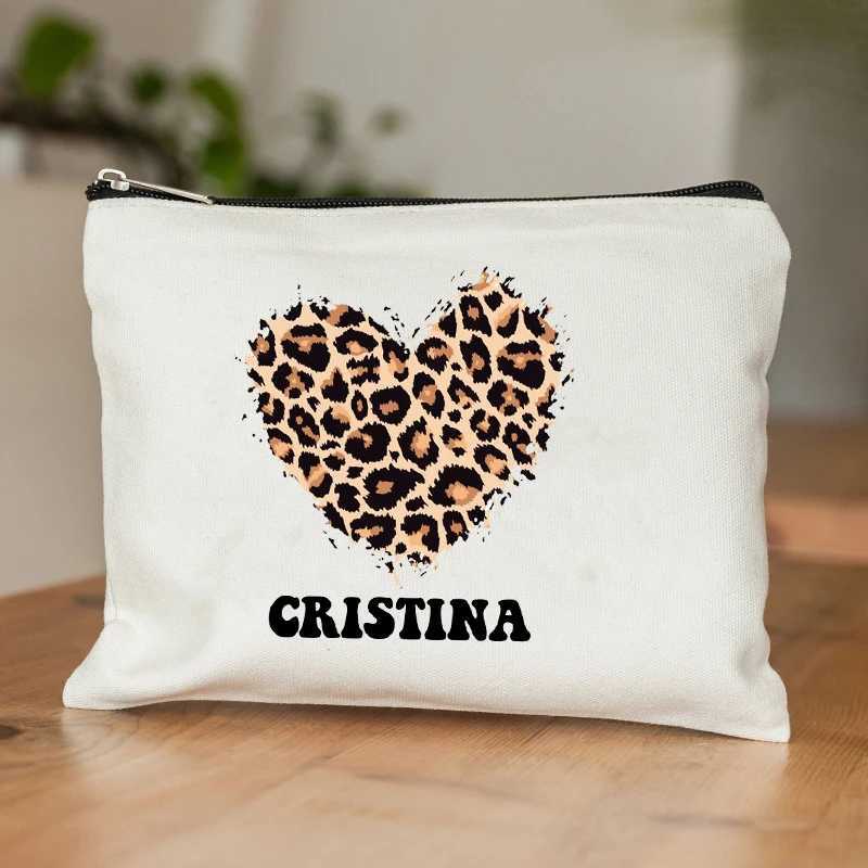 Heart Leopard Pattern Name Customization White Makeup Bag Canvas Wash Bag Organizer Fashion Travel Lipstick Storage Bags WalletT251024