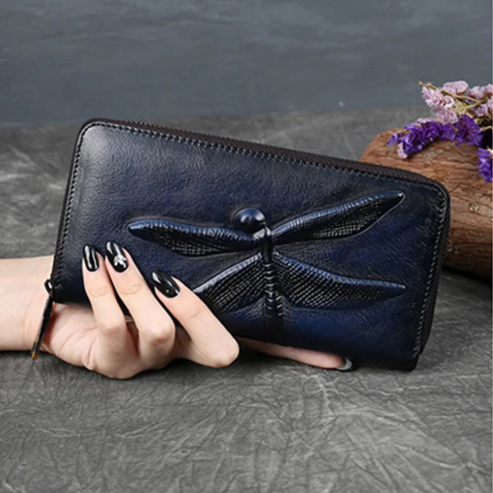 Women Long Wallet Zipper Purse Genuine Leather IDCredit Card Cash Holder Dragonfly n Retro Female Cowhide Money Clutch Bag 251014