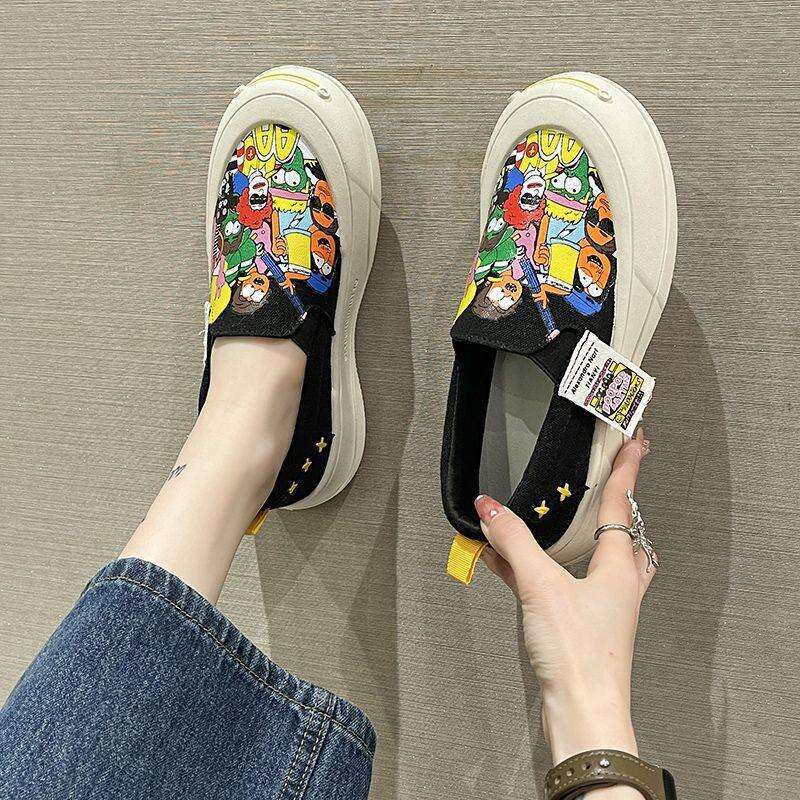 Hand-painted Stylish Canvas Shoes for Women, Loafers, Open Smile Thick-soled Slip-on Shoes, Graffiti Sports Casual Sneakers