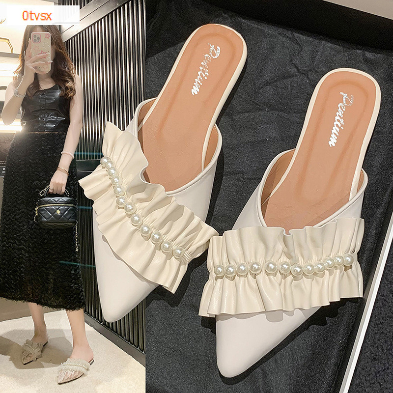 French fairy style pointed sandals, winter new item, pearl niche design, luxurious trend, versatile women's flat shoes, designer shoes