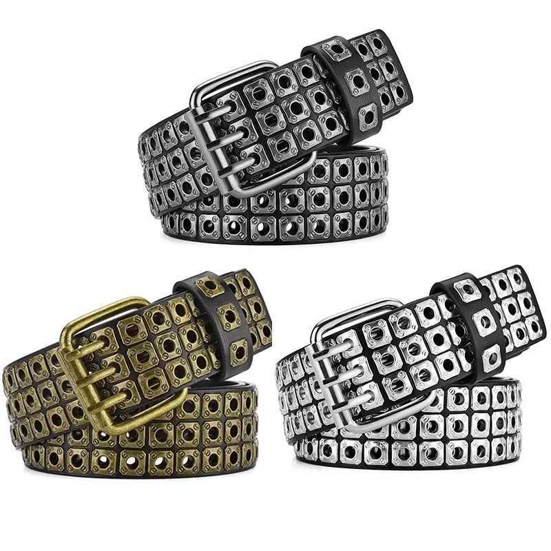 1pc Women Belt Fashion Square Beads Willow Nails Three Exhaust Eyes Punk Street Cool Personalized Mens and Womens Belts W251024