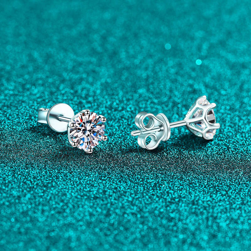 DHCollections-- Sterling Sier for Women 0.30 0.50 1 2 Screw Style Six-Prong Moissanite Stud Earrings
