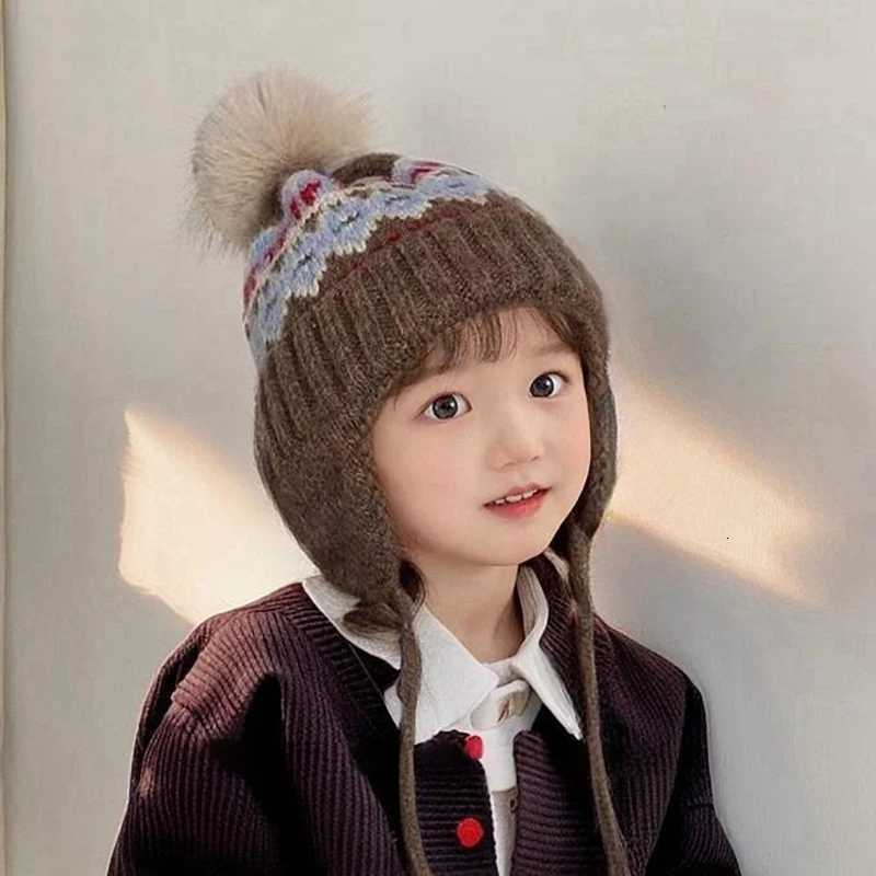 Kids Knit Hat with Ear Flaps Winter Warm Pom Beanie Ethnic Pattern 28Y Children Boys Girls Thermal CapL251024