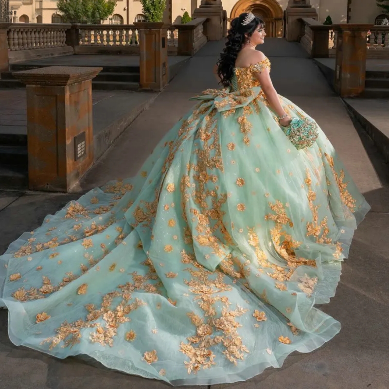 Mint Green Beading Crystal Quinceanera Dresses Ball Gown Gold 3D Floral Lace Bow Sweet 15 Anos Mexican