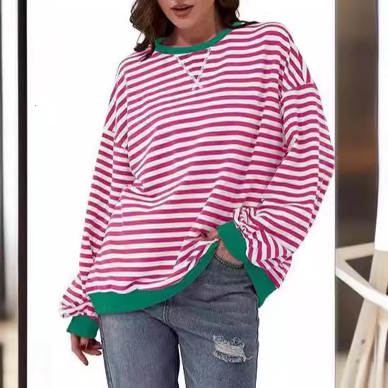 2025 Autumn Winter New Season Simple Home Casual Loose Striped Pattern Round Neck Long Sleeve Pullover Color Block T-Shirt