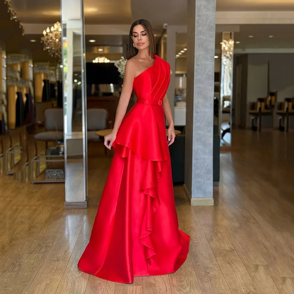 New Modern Red Evening Formal Dress 2026 One Shoulder Pleats Ruffles Satin Prom Pageant Party Gowns Christmas Robe De Soiree