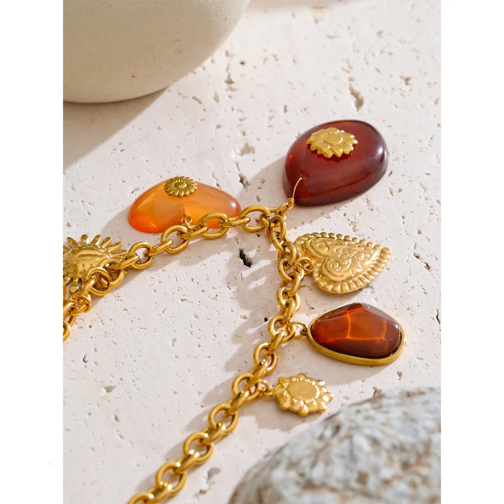 Yhpup Red Resin Oval Heart Sun Drop Necklace Golden 316L Stainless Steel Summer Charm Collar Jewelry Waterproof 2025 251016