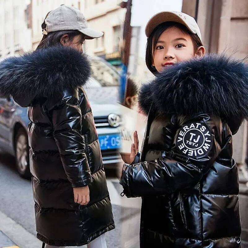Winter Kids Down Jacket Teen Boy Girls Glossy Fabric Fur Collar Hooded Warm Parka Snowsuit Children Cotton Padded Clothing