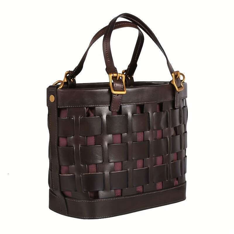 Brown Vintage Style Genuine Leather Woven Handbag For Women With Golden Accents, Zipper Closure, Polyester Lined, Shoulder & Handba