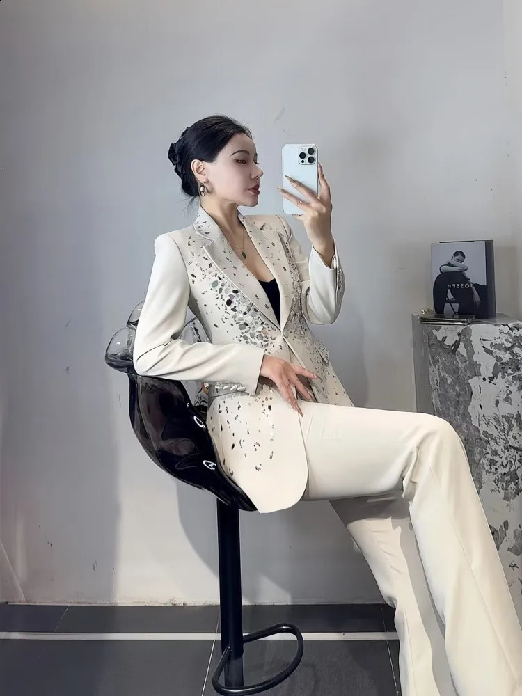Office Ladies Work Formal Suit Elegant Long Sleeve Blazer Jacket Two Piece Set Host Fashion Sequin Floor Length Bootcut Pant 251023