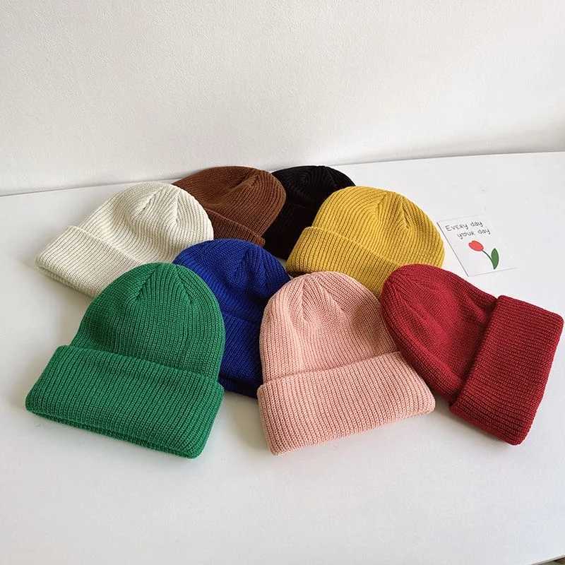 Childrens woolen hat spring and autumn knitted pullover hat boys and girls warm fashion solid colour earmuff baby winterL251024