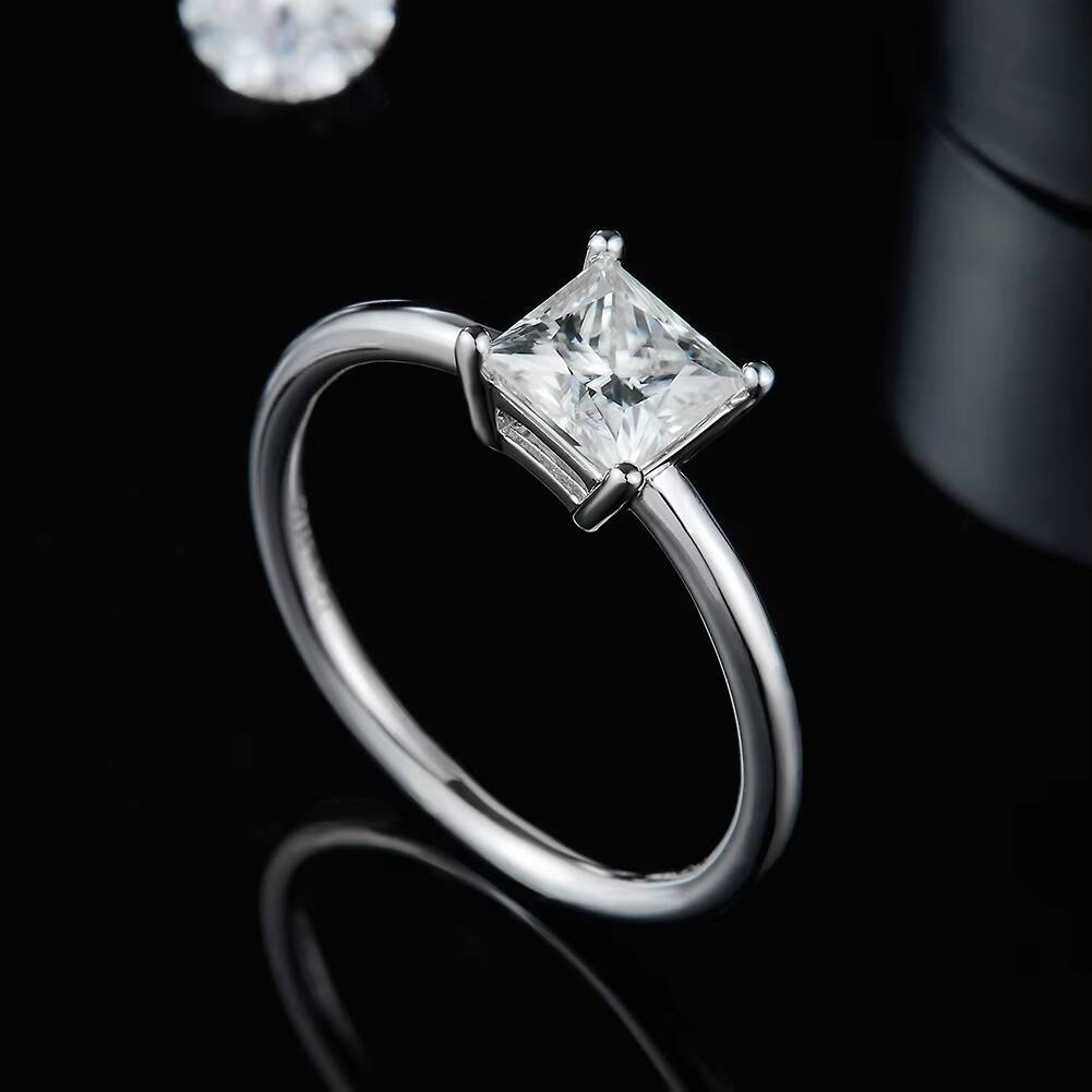RINNTIN SMR57 Solid 925 Sterling Silver 1ct 55mm Princess Cut Moissanite Solitaire Engagement Rings for Women