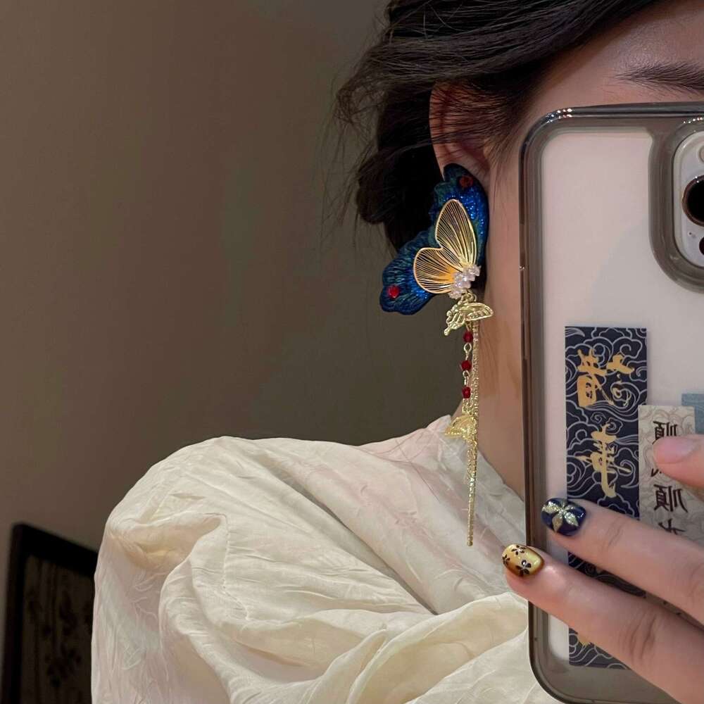 National Colorful Fantasy Exquisite Butterfly Tassel for Women New Chinese Style Embroidery Long Elegant Earrings