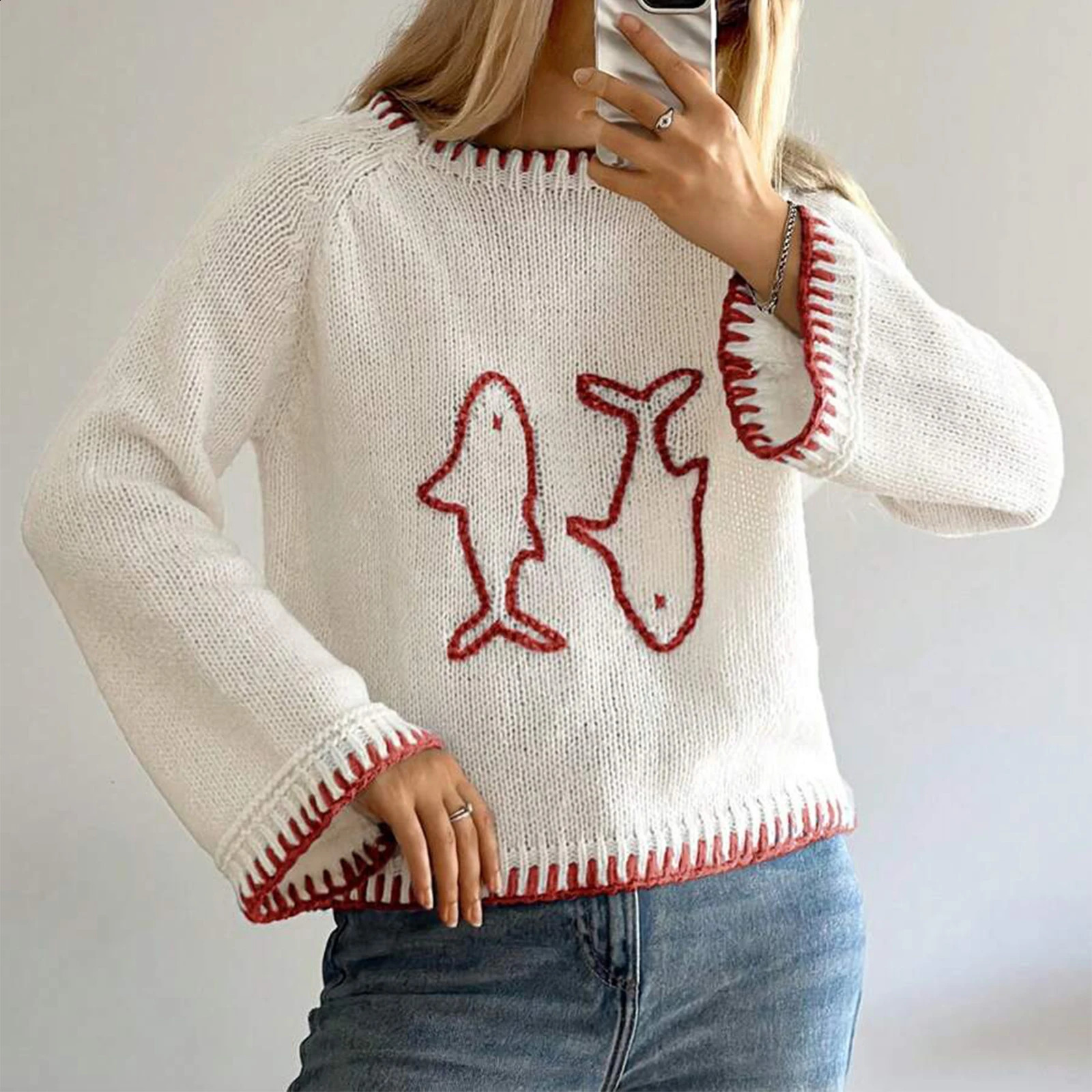 Maemukilabe Autumn Loose Knitted Sweater Fish Animal Pattern Long Sleeve Round Neck Pullover Jumpers Y2K Aesthetic Knitwear Tops 251023