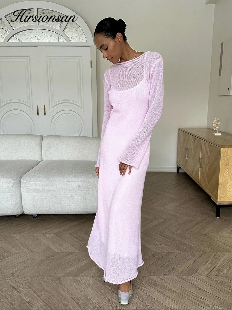 Hirsionsan Spring Autumn ONeck Elastic Knit Long Dresses Women Elegant Chic Soft Lady Hollowing Sweater Dresses Femme 251023