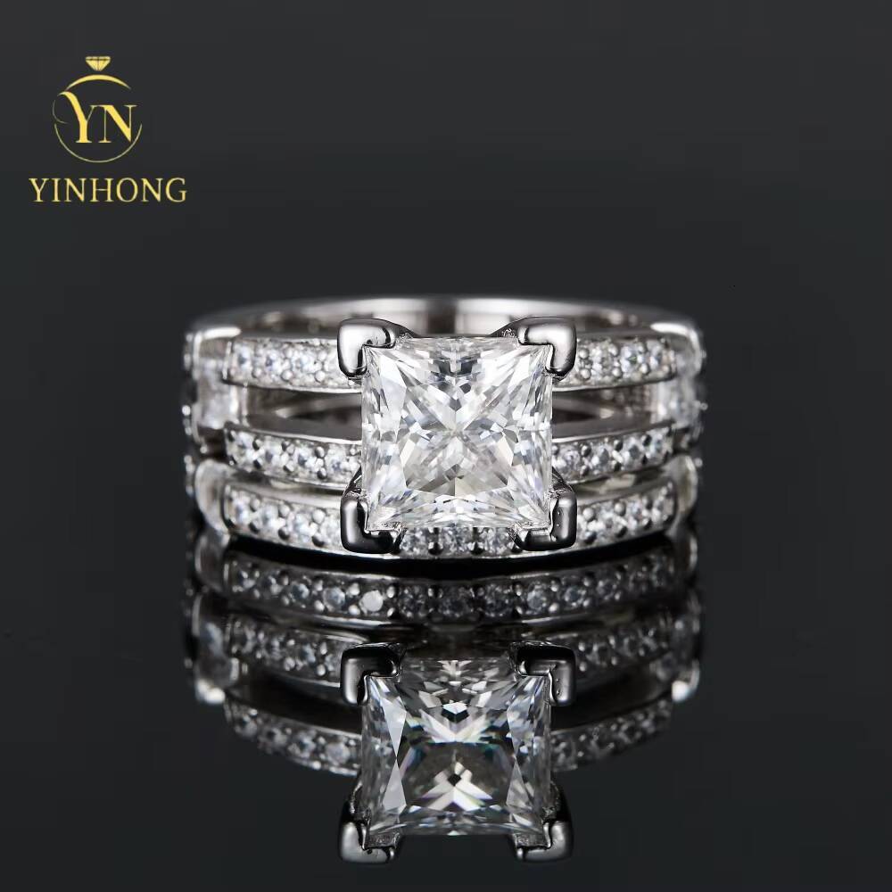 Fashion Silver Color Diamond Band Wedding Ring S925 Silver Set Jewelry Engagement Moissanite Ring