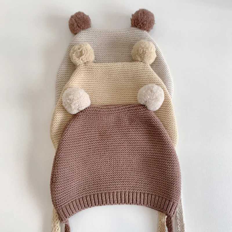 Cartoon Double Pompom Baby Hat Winter Warm Soft Knitted Kids Beanie Hats Solid Color Ear Protection Infant Children CapsL251024