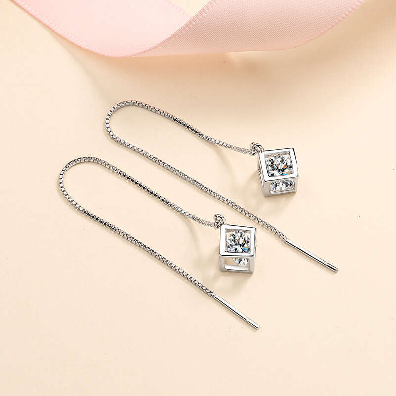 DHCollections-- Love Cube S for Women Tassel Moissanite Stud Earrings Faux Ear Line Jewelry