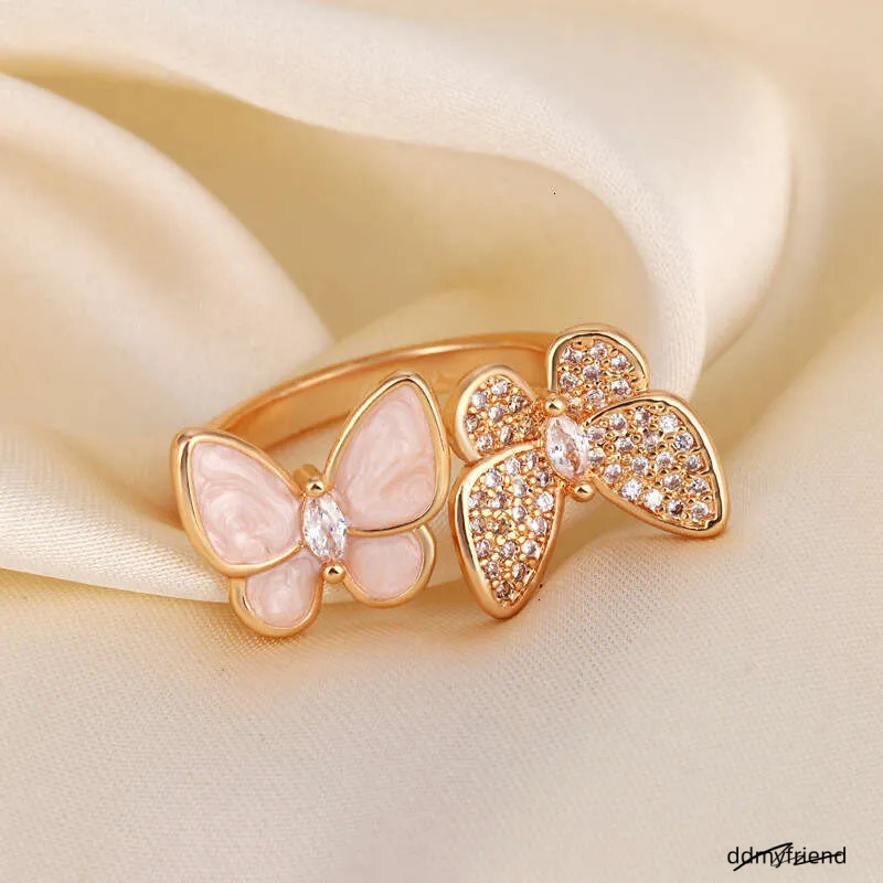 Open Adjustable Ring With Double Butterfly Design - Mother Of Pearl & Rhinestone Elegant Women's Jewelry Ddmyfriend