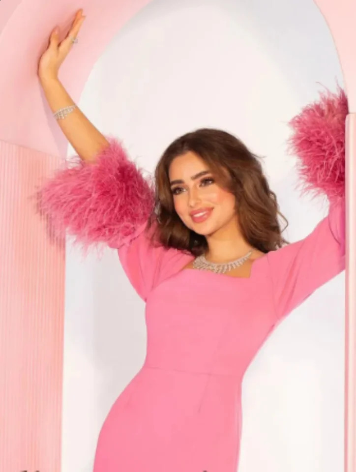 Othray Square Neck Long Sleeve Slit Women Elegant Formal Party Evening Gown vestidos de gala Pink Prom Dress Feathers 251023