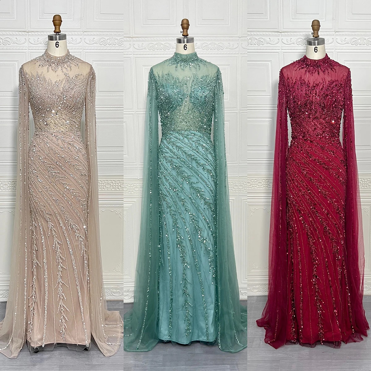 Saudi Arabia Mermaid Beaded Cape Sleeves HighNeck Evening Dresses Dubai Party Gowns for Women Wedding Customized 251023