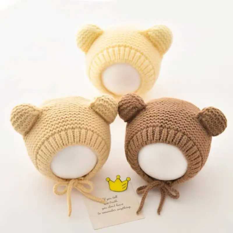 Cute Baby Ear Protection Kint Hat Winter Warm Kids Laceup Beanie Solid Color Wool Pullover Cap 624MonthInfant Headgear BonnetL251024