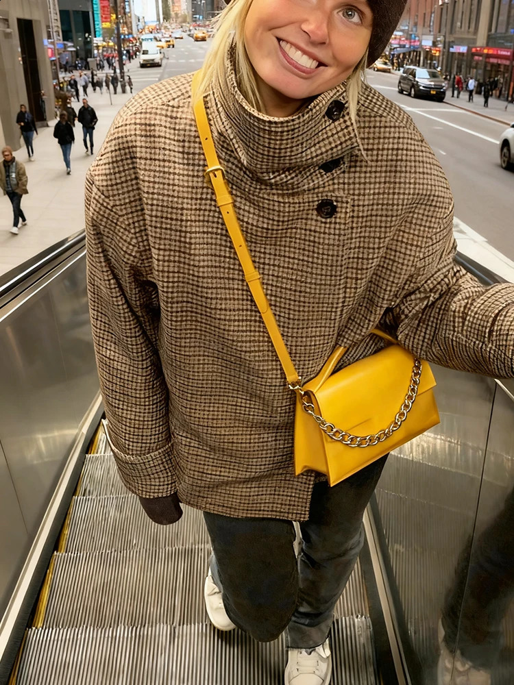 Fashion Houndstooth High Collar Woolen Coats For Women Chic Long Sleeve Single Breasted Jacket 2025 Autumn Winter Lady Outerwear 251018