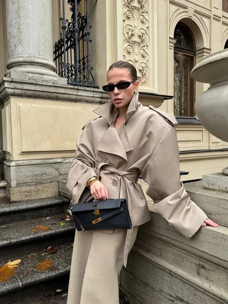 Elegant Lapel Lace Up Jacket Women Fashion Solid Long Sleeves Button Cropped Trench Coat Autumn Lady Daily Commute Outwear 251021
