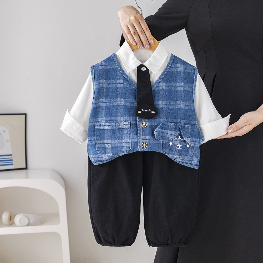 Toddler Boys 3-Piece Outfit, Plaid and Denim Vest Set with Tie for Spring & Autumn