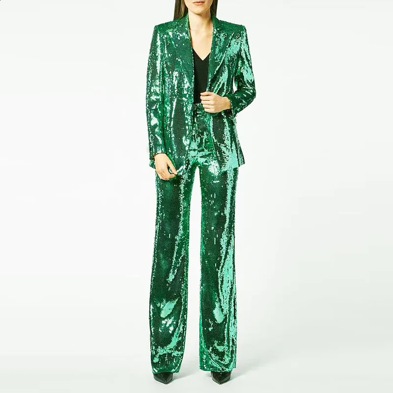 High Quality Green Shiny Sequin Pantsuits Blazer Straight Pants Set Party Evening Offic Work Wear Sequin Pants Set Outfits 251023
