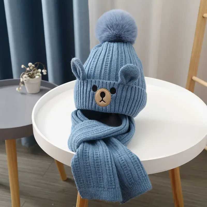 Warm Kids Beanie Scarf Set European Style Cartoon Bear Crochet Bonnet for Toddler Boy Girl Outdoor Autumn Winter Hat Scarf SetL251024
