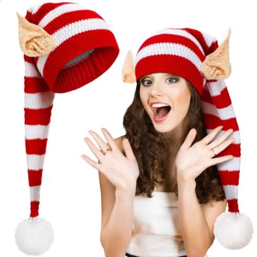 Christmas Knitted Elf Hats with Ears for Adults Women Men Red and White Elf Beanie Crochet Long Santa Hats Beanie Elf Costume A 251023