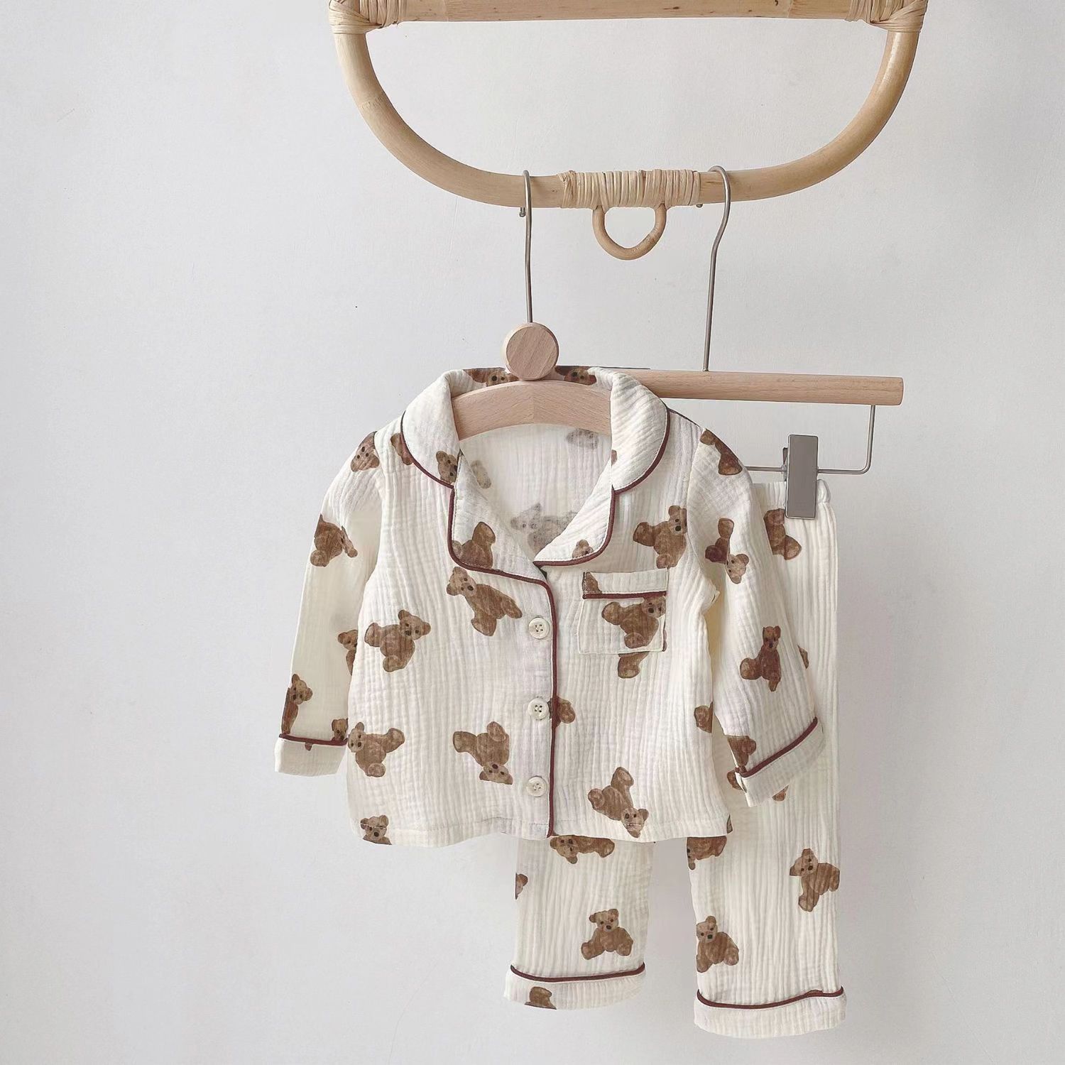 Free Shipping Kids 2-Piece Pajama Set, Bear Print Flannel Long Sleeve Sleepwear for Boys and Girls