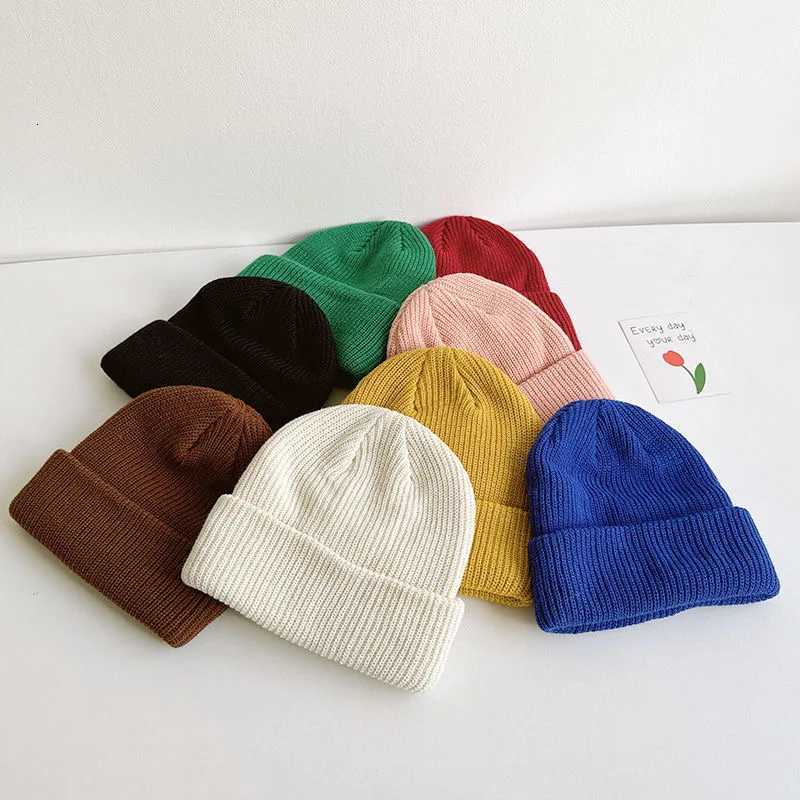 Childrens woolen hat spring and autumn knitted pullover hat boys and girls warm fashion solid colour earmuff baby winterL251024