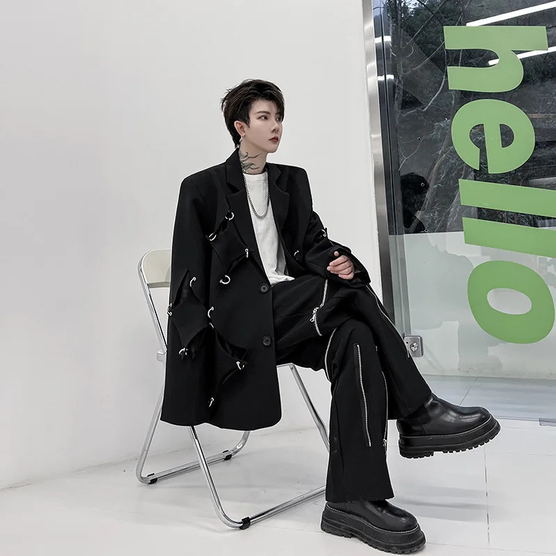 Metal Rivet Ring Decorate Hollow Out Hip Hop Punk Blazers Techwear Style Irregular Casual Suit Jacket For Men 251023