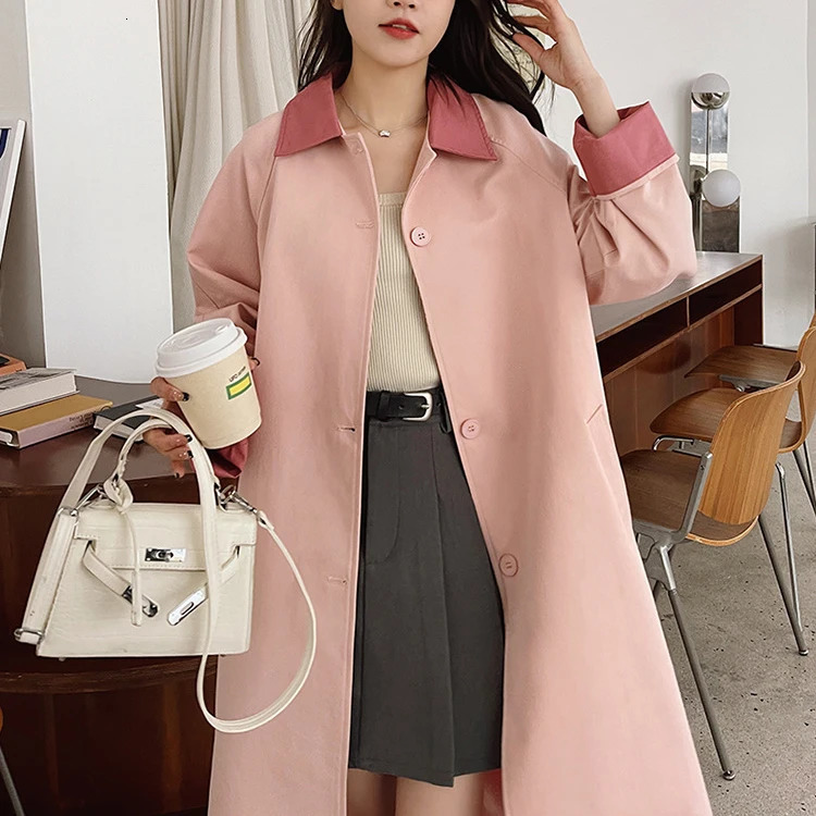 Women Spring Long Trench Coat Contrast Color Pink Single Button Fashion Casaco Feminino Femme 251021