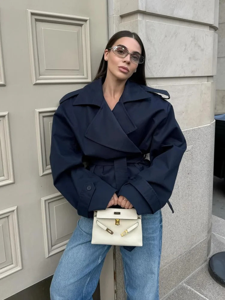 Solid Belted Oversized Windbreaker Womens Fashion Full Sleeve Button Loose Long Coat Office Lady Daily Commute Overcoats 251021