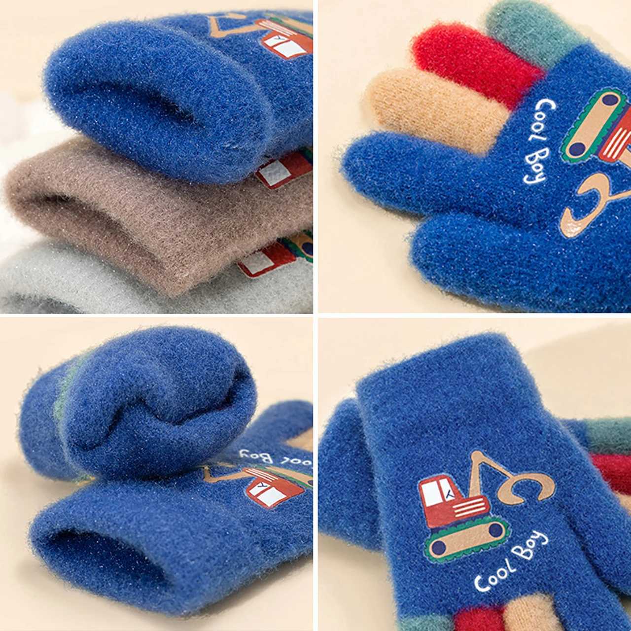 Cartoon Excavator Children Gloves Autumn Winter Knitted Warm Full Finger Gloves Windproof Outdoor Kids Boys Mittens Y251024